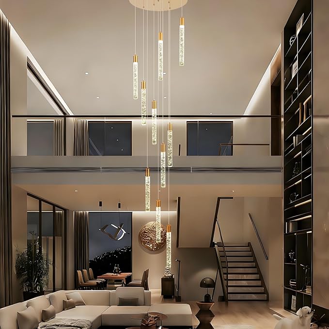 GEADI Modern LED High Ceiling Chandelier with Remote Control,10 Lights Crystal Foyer Chandeliers for High Ceilings,Gold Dimmable Long Pendant Light for Staircase Entryway Living Room