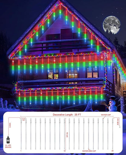 EAGWELL Christmas Lights Outdoor UL Certified Meteor Shower Light 16 Inch 20 Tubes 960 LED Falling Rain Drop Icicle Snow Cascading Lighting for Xmas Tree Wedding Party Garden Decoration, Colorful