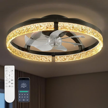 StarryEver 20" Low Profile Ceiling Fans with Light, 3000-6500K Dimmable Flush Mount LED Fan Light with Remote and 6 Speeds Fan, Modern Ceiling Fans for Bedroom, Living Room, Kids, Kitchen, Black