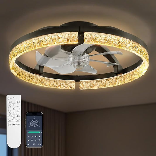 StarryEver 20" Low Profile Ceiling Fans with Light, 3000-6500K Dimmable Flush Mount LED Fan Light with Remote and 6 Speeds Fan, Modern Ceiling Fans for Bedroom, Living Room, Kids, Kitchen, Black