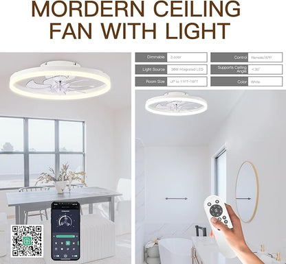 STERREN Ceiling Fans with Lights,20" Low Profile Ceiling Fan with Remote Control, Modern Flush Mount Ceiling Fan,White Fan Light for Bedroom, Living Room,Kitchen,Small LED Ceiling Light Fixture