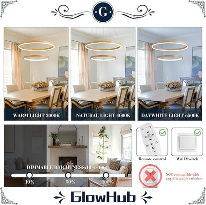 2 Ring LED Chandelier for Dining Room, Wood Grain Circular Pendant Light Fixture Modern Boho Round Hanging Light Coastal Chandelier for Entryway Bedroom Office, 20 Inches Dimmable 3000-6500K