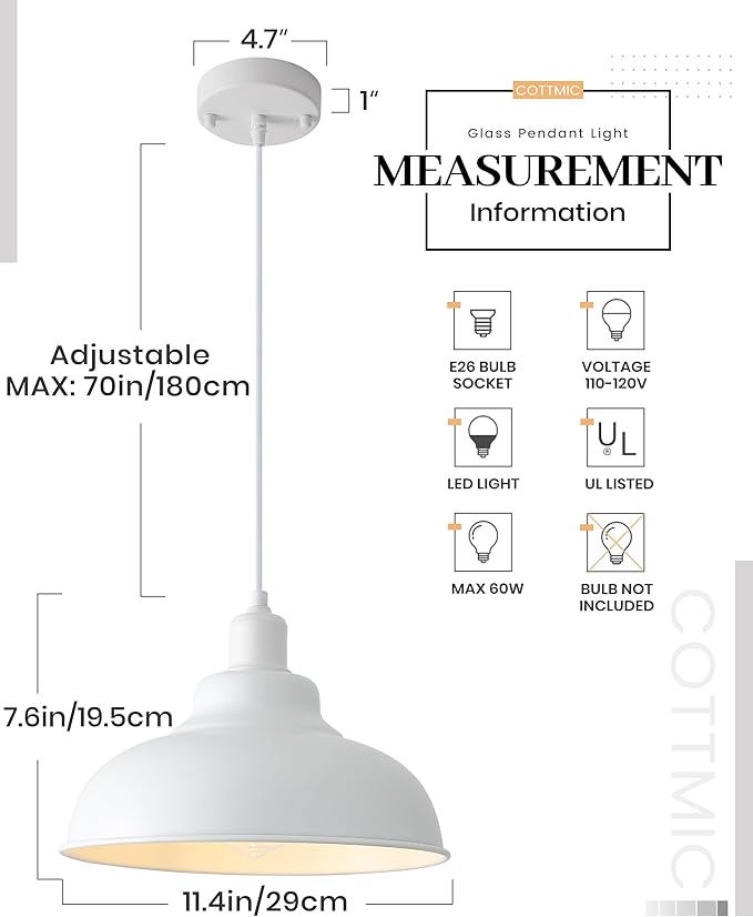 White Pendant Light, Farmhouse Pendant Lights Kitchen Island 2 Pack, 11.4in Modern Pendant Light Fixture, Adjustable Height, Pendant Lighting for Dining Room, Living Room, Hallway