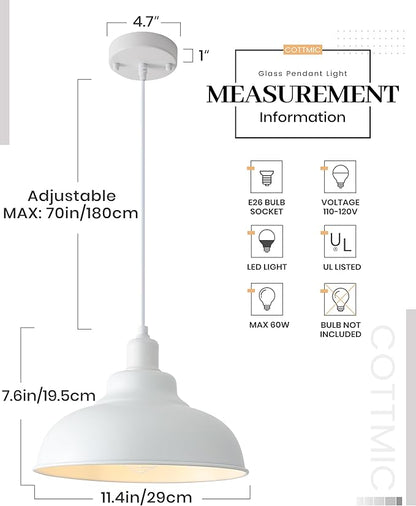 White Pendant Light, Farmhouse Pendant Lights Kitchen Island 2 Pack, 11.4in Modern Pendant Light Fixture, Adjustable Height, Pendant Lighting for Dining Room, Living Room, Hallway