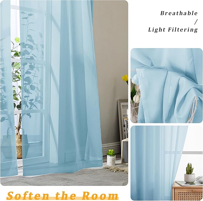 Gwine Sky Blue Sheer Curtains for Living Room 45 inches Long, Short Voile Light Filtering Window Treatments Sheer Curtains for Bedroom, Half Window Drapes with Rod Pocket, Each 42" Wx45 L