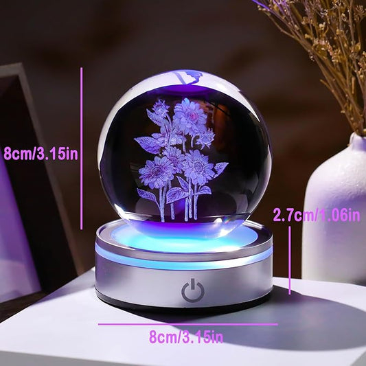 Arikyrist Crystal 3D Sunflower Bouquet 3.15in Ball Figurine Gifts for Women, Glass Floral Art Sphere for Room with LED Light Base Keepsake for Flower Lovers Home Decor Paperweight