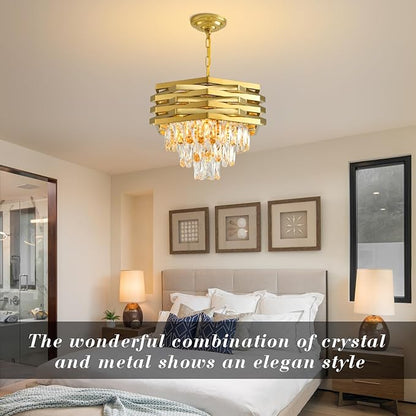 Modern Crystal Chandelier Gold Round Chandeliers for Dining Room Chandelier for Living Room Entryway Foyer Bedroom Kitchen Small Flush Mount Ceiling Pendant Light Fixtures 5-Lights W15.7