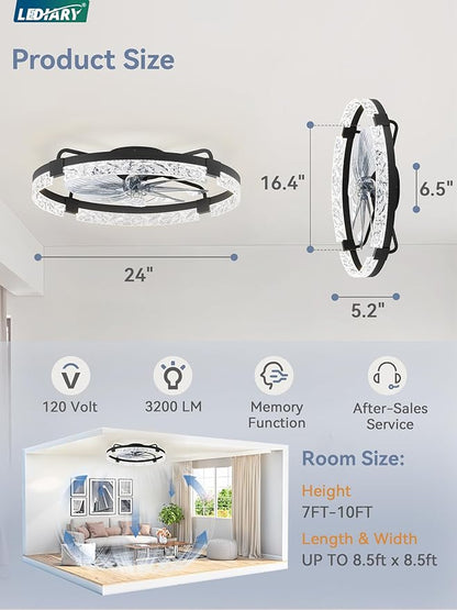 LEDIARY 2 Pack 24 Inch Low Profile Ceiling Fans with Lights and Remote, Fandelier Modern Ceiling Fan, 3000K-6000K Dimmable LED Fan Light, Black Flush Mount Ceiling Fans with Lights for Bedroom