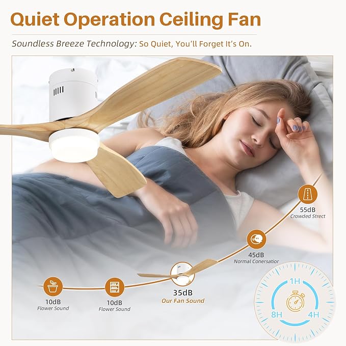 CACI Mall Smart 52 inch Wood Flush Mount Ceiling Fans with Lights and Remote, 3 Blades, Low Profile, Modern, Compatible with Alexa/Google/App, Outdoor Indoor Ceiling Fans for Bedroom/Farmhouse/Patio