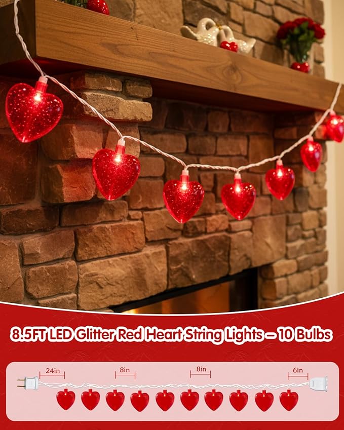 SUNSGNE Red Heart String Lights Valentines Lights, 8.5FT Plug in Fairy String Lights with 10 LED Red Heart Bulbs for Indoor Outdoor Home Room Party Wedding Valentine's Decor, White Wire