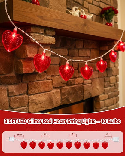 SUNSGNE Red Heart String Lights Valentines Lights, 8.5FT Plug in Fairy String Lights with 10 LED Red Heart Bulbs for Indoor Outdoor Home Room Party Wedding Valentine's Decor, White Wire