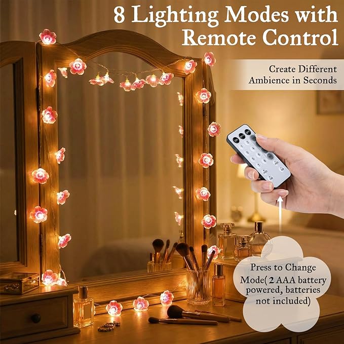 Mudder 33FT 100 LEDs Cherry Blossom Flower Fairy String Lights with Remote, USB & Battery Operated Pink String Lights for Bedroom, Indoor Outdoor Party Wedding Decoration