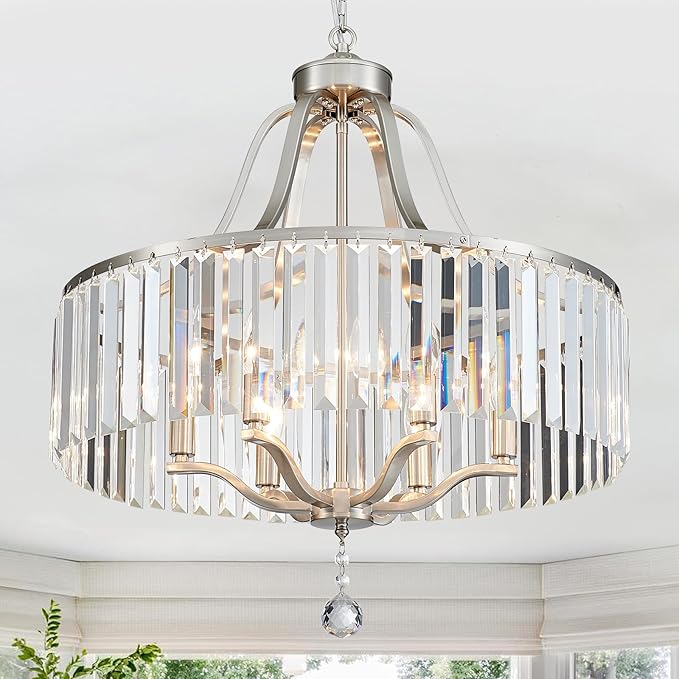 Modern Crystal Chandeliers Round 6-Light Large Brushed Nickel Pendant Lighting Fixture for Dining Room Living Room Kitchen Island Bedroom Hallway 21.7" Adjustable Height Hanging Lamp