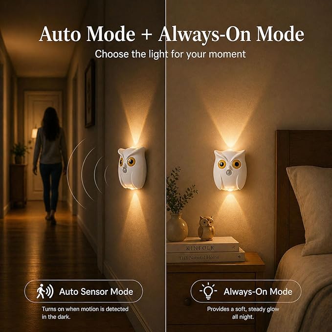 2-Pack White Owl Wall Lamp, Cute LED Night Light for Bedroom Decor, Warm Ambient Lighting for Kids Room, Nursery & Hallway, Creative Animal Wall Light, Gift for Home Decoration