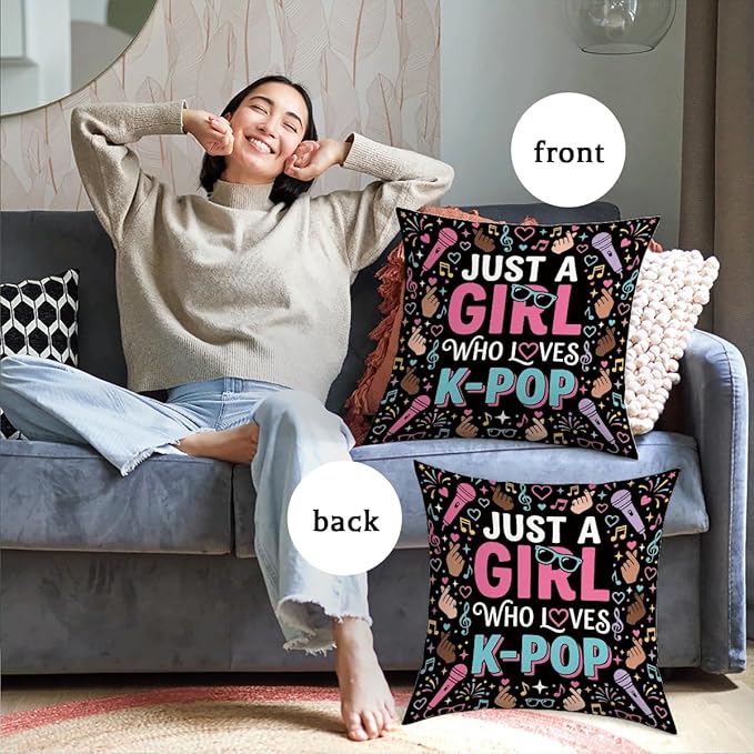 K-pop Decor, Just a Girl Who Loves K-pop Room Decor, Anime Lovers Throw Girls K-pop Gifts Pillow Covers for Living Room Home Girl Bedroom Decoration Gifts