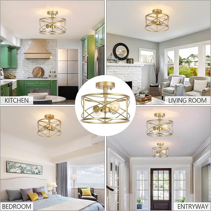 2-Light Semi Flush Mount Matte Gold Ceiling Light Fixture, Farmhouse Industrial Metal Cage with Adjustable Height, Dimmable for Hallway Entryway Kitchen Bedroom Foyer Laundry Low Ceiling