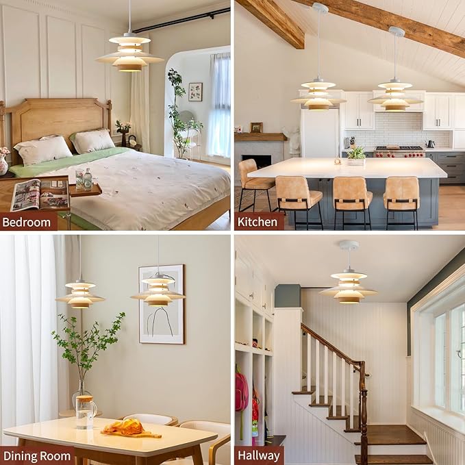 EFINEHOME Modern Decor Adjustable Pendant Lamp Kitchen Island, Aluminum and Wood Finish,1-Light E26 Base Ceiling Hanging Light for Dining Room Shop Restaurant (White+Light Wood Grain, 35cm)