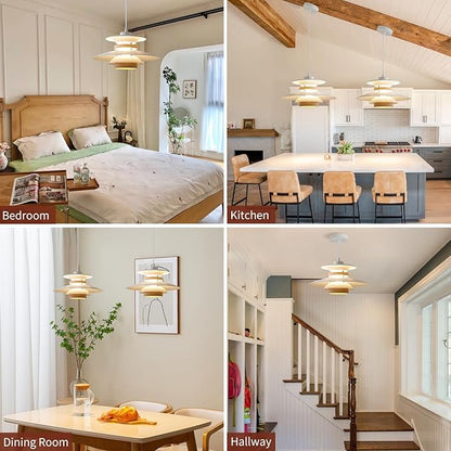 EFINEHOME Modern Decor Adjustable Pendant Lamp Kitchen Island, Aluminum and Wood Finish,1-Light E26 Base Ceiling Hanging Light for Dining Room Shop Restaurant (White+Light Wood Grain, 40cm)