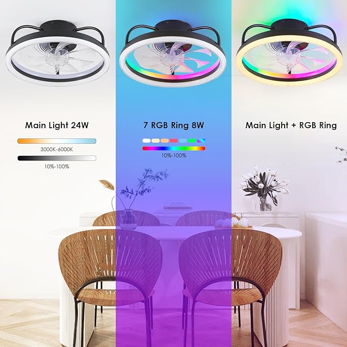 Mpayel Ceiling Fans with Lights and Remote, 16" Low Profile Ceiling Fan 3000-6000K Dimmable RGB Modern Flush Mount LED Fan Light, 6 Wind Speeds Black Ceiling Fans for Bedroom, Living Room