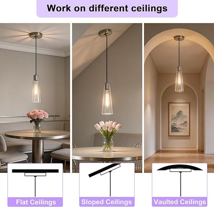 Modern Glass Pendant Lights Kitchen Island, Dimmable Brushed Nickel Pendant Light Fixtures 1 Pack, Adjustable Farmhouse Hanging Light Fixture with Clear Glass Shades for Hallway Dining Room