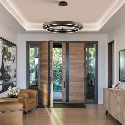 LED 2 Ring Chandelier Dimmable Up Down Light Black Chandelier Round Foyer Chandeliers Light Walnut Wood Black Circular Chandeliers for Dining Room Entry Bedroom Office Living Room