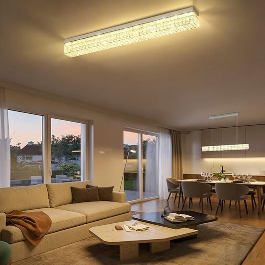 ykolupty L48 Rectangular Chandelier Flush Mount Rectangle Chandelier Modern K9 Crystal Chandeliers Light Fixture for Dining Room Bedroom Bar Silver Crystal Ceiling Lights