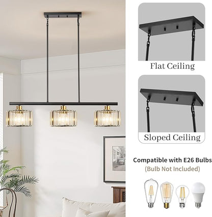 TALOYA Pendant Lights Kitchen Island Black and Gold, 3-Light Crystal Pendant Light Modern, Height Adjustable Chandelier Hanging Island Light Fixtures for Kitchen Dinning Room(Bulb Not Included)