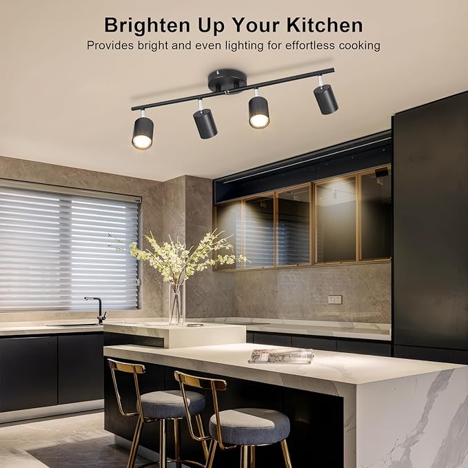 Ketom 4-Light Track Lighting Fixtures Ceiling, GU10 Black Led Ceiling Spotlight, Modern Track Light Kit for Kitchen Hallway Living Room