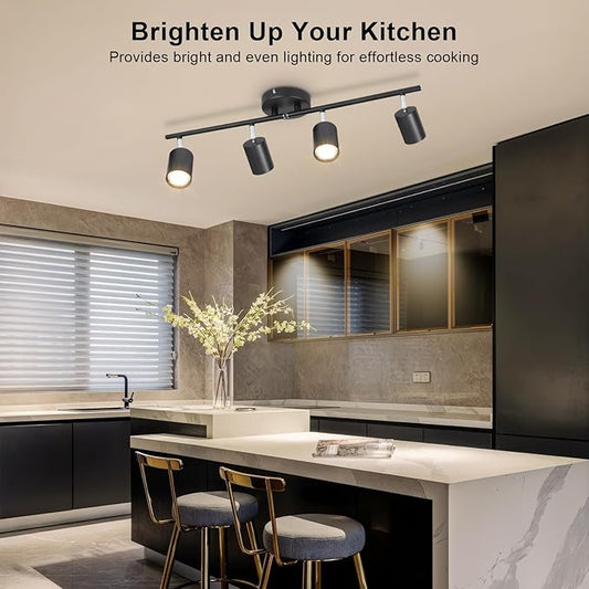 Ketom 4-Light Track Lighting Fixtures Ceiling, GU10 Black Led Ceiling Spotlight, Modern Track Light Kit for Kitchen Hallway Living Room
