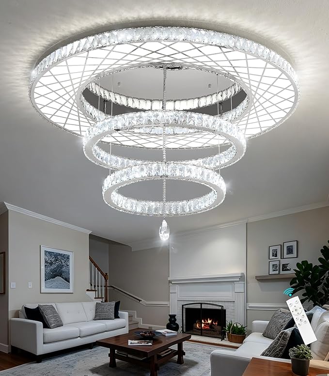 HAIXIANG Crystal Glam Chandelier LED Ceiling Light Living Room Lighting Fixtures Remote Dimmable Ceiling Chandeliers Silver 40 Inches Large Light