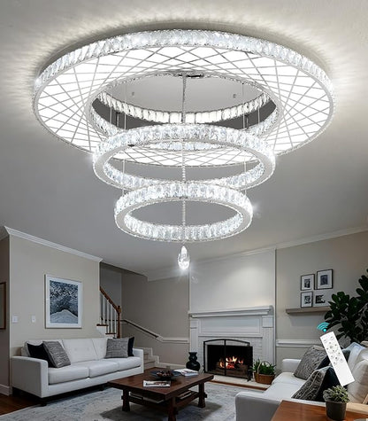 HAIXIANG Crystal Glam Chandelier LED Ceiling Light Living Room Lighting Fixtures Remote Dimmable Ceiling Chandeliers Silver 40 Inches Large Light