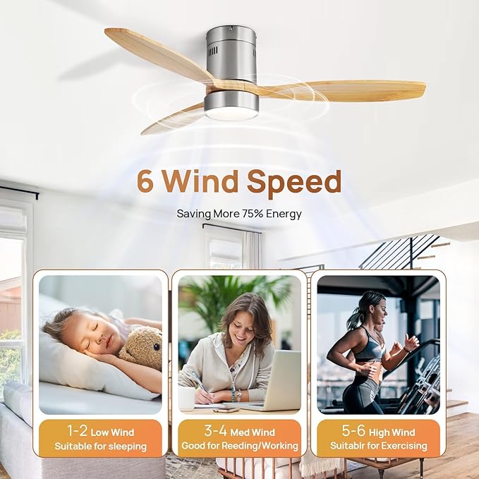 Sofucor 52 Inch Smart Ceiling Fans with Light-Modern Solid Wood Outdoor 3 Blades Ceiling Fan with Light Alexa/Google/APP/Remote Control for Bedroom Living Room Farmhouse,Brushed Nickel&Natural Wood