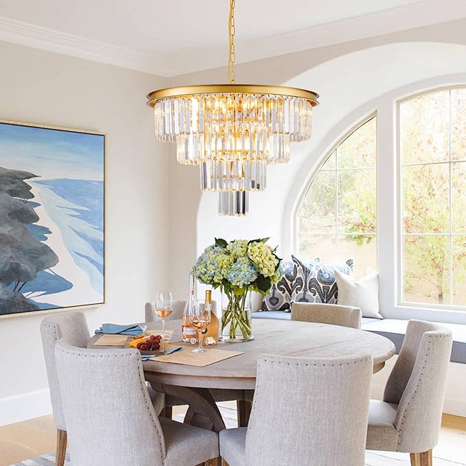 10 Light Modern Gold Crystal Chandelier for Dining Room 24'' Dining Room Light Fixture Contemporary Pendant Round 4-Tier Adjustable Height for Living Room, Foyer, Entryway, Bedroom
