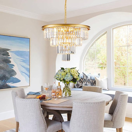 10 Light Modern Gold Crystal Chandelier for Dining Room 24'' Dining Room Light Fixture Contemporary Pendant Round 4-Tier Adjustable Height for Living Room, Foyer, Entryway, Bedroom