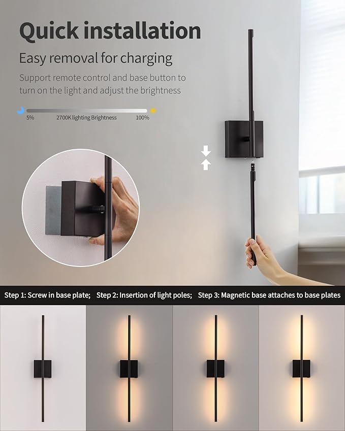 KDG Cordless Wall Sconces Set of 2, Wireless 5200mAh Rechargeable Battery Operated LED Wall Lamps with Remote, 360° Rotate Lightings for Wall Painting, Bedroom, Hallway, Night Light 31.5 inch (Black)