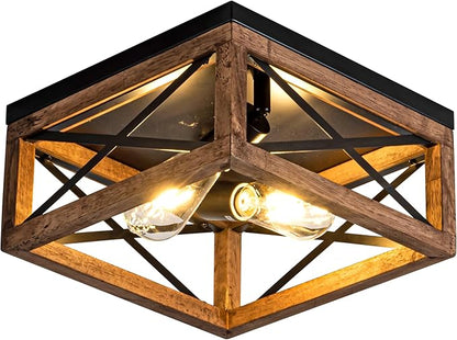 Rpzloila Flush Mount Ceiling Light Fixture for Kitchen Hallway, 2-Light Close to Ceiling Light with Black Metal and Wood Design, Rustic Farmhouse Ceiling (Bulb not Included)