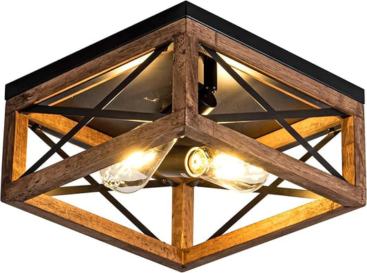 Rpzloila Flush Mount Ceiling Light Fixture for Kitchen Hallway, 2-Light Close to Ceiling Light with Black Metal and Wood Design, Rustic Farmhouse Ceiling (Bulb not Included)