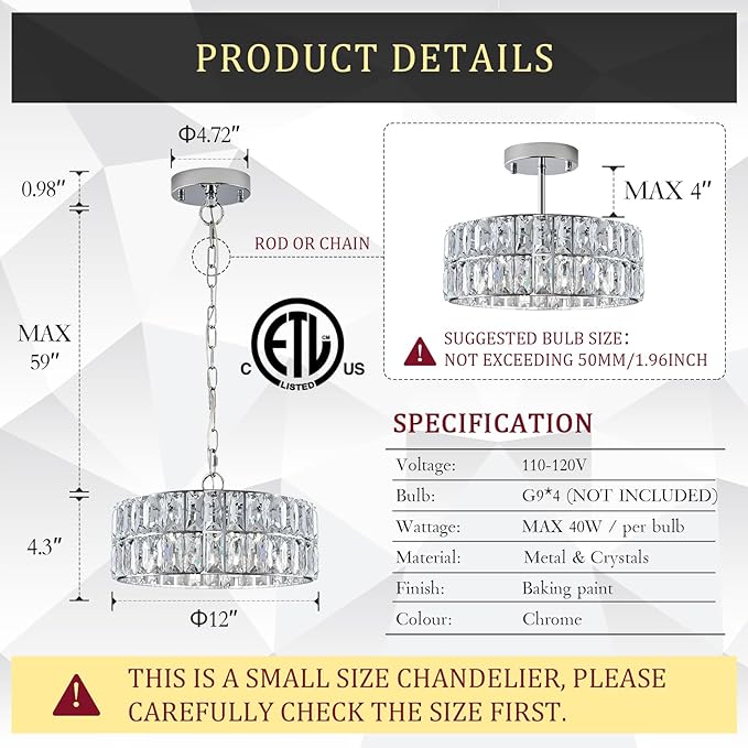 CATINER Chrome Crystal Chandeliers, Modern Semi Flush Mount Ceiling Light, Small 4-Ligh Round Crystal Hanging Pendant Light Fixtures,D12” for Dining Room Entryway Kitchen Hallway