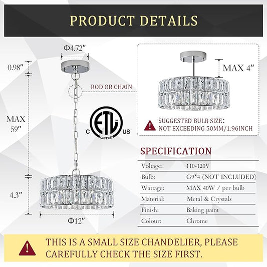 CATINER Chrome Crystal Chandeliers, Modern Semi Flush Mount Ceiling Light, Small 4-Ligh Round Crystal Hanging Pendant Light Fixtures,D12” for Dining Room Entryway Kitchen Hallway