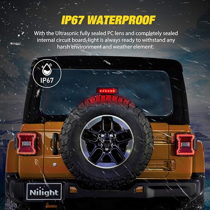 Nilight LED Third Brake Lights High Mount Stop Tail Light with Smoked Lens for 2007-2018 Wrangler JK