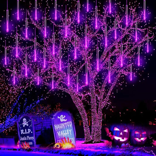 Purtuemy Halloween Lights Outdoor, Meteor Shower Lights 12 inch 8 Tubes Icicle Fairy String Lights for Halloween Christmas Decorations Tree Party Yard Outdoor, UL Plug, Purple