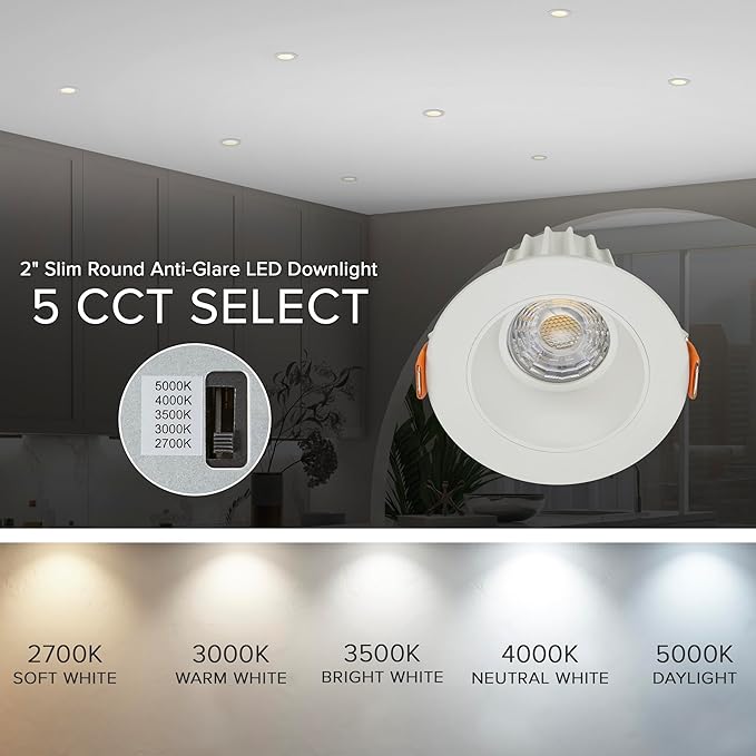 Maxxima 2 in. Ultra-Thin Recessed Anti-Glare LED Downlight - Canless IC Rated, 5 Color Temperature Selectable 2700K/3000K/3500K/4000K/5000K, Dimmable, Round Stone Gray Trim, 90 CRI