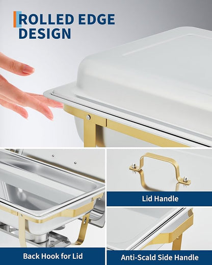 Garvee Chafing Dish Buffet Set 4 Pack, 8QT Buffet Servers and Warmers Set with Lid & Foldable Frame, Rectangular Stainless Steel Chafer Food Warmer for Parties Wedding Catering Supplies, Gold