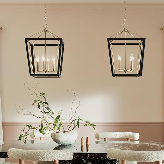 Kichler Delvin 4-Light Pendant Light Fixture with Clear Glass Panes in Champagne Bronze and Black for Kitchen Island, Dining Room, or Foyer (16" x 24"), 52619CPZBK