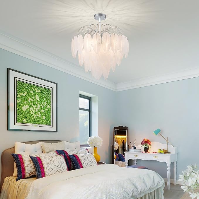 LumFurn D21inch Glass Chandeliers, 8-Light Modern Pendant Light Fixture for Dining Room, Living Room, D21 x H24~54" Adjustable Height, Frosted Feather-Shaped Glass Shade & Silver Finish Frame