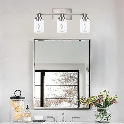 MELUCEE 3 Light Bathroom Vanity Light Brushed Nickel Track Lighting Fixtures Ceiling, Wall Light Fixtures with Rotatable Track Head for Hallway Porch Foyer Bath Storage, 20.5 Inch, Clear Glass Shade