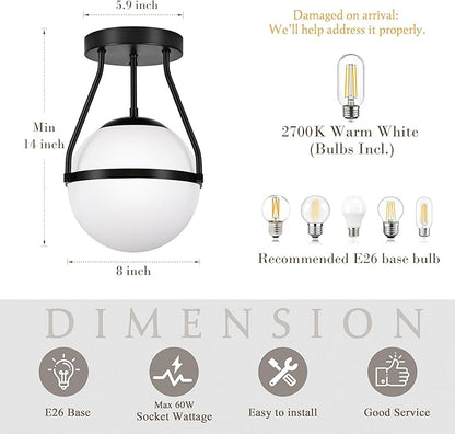Bagood 8 Inch Mid Century Ceiling Light Modern Semi Flush Mount Ceiling Light Fixture Globe Ceiling Light Fixture with Milk Glass Shade Matte Black Finish for Kitchen Island Hallway Laundry(Bulb Incl)