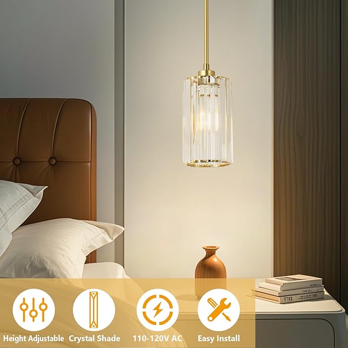 LAMSU Crystal Pendant Lights, Modern Gold Pendant Lighting with Clear Glass Shade, Small Brass Chandelier Light Fixtures Ceiling Hanging for Dining Room Kitchen Island Bedroom Foyer Hallway
