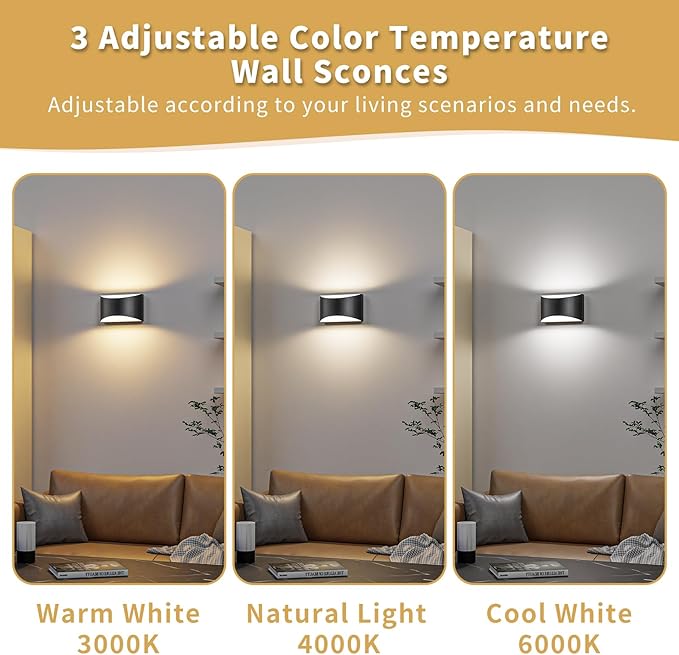 Black Modern LED Wall Sconce, 3 Colors Indoor Wall Lights, 10W Hardwired Up and Down Aluminum Wall Mount Lamp for Bedroom Living Room Hallway Corridor (Black, 4 Pack)