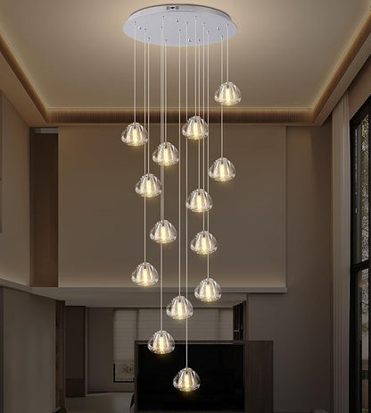 Modern Crystal Chandelier 14-Lights High Ceiling Raindrop Chandelier Lighting Fixture, Large LED Round Indoor Lighting Fixture Chrome for Foyer Staircase Living Room